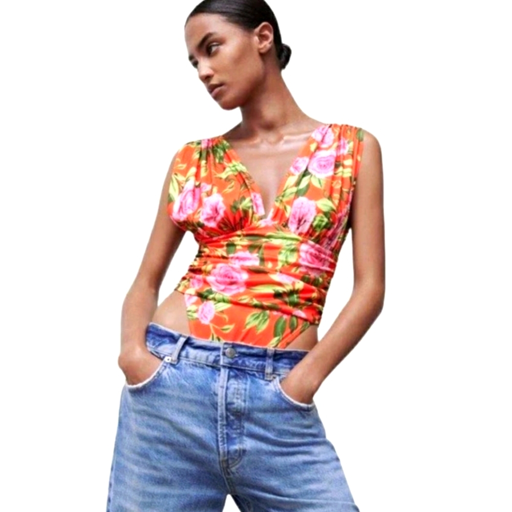 Zara Draped Orange Floral Bodysuit Deep V-Neck Orange and Pink Women's Top Small